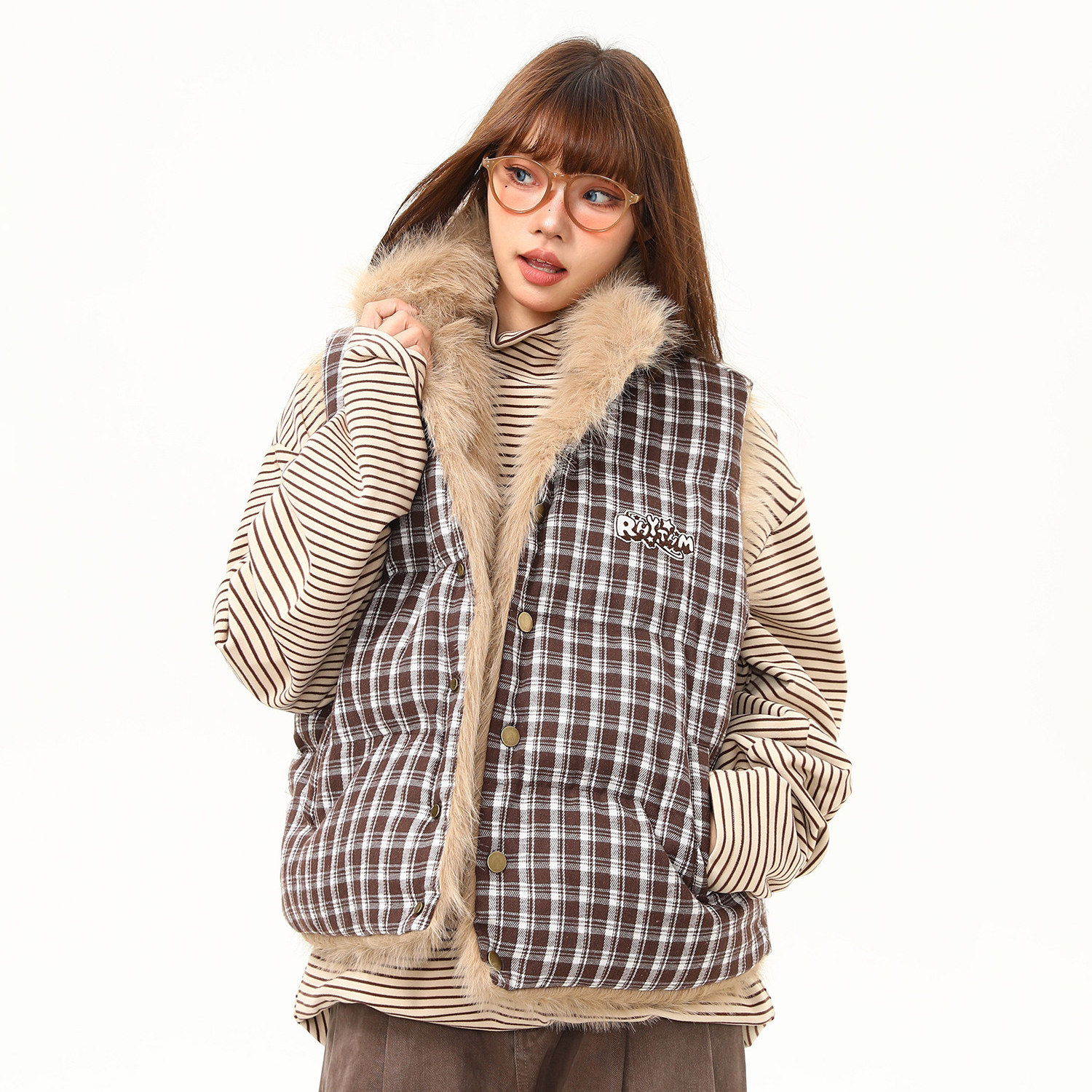 冬季新款毛絨雙面穿格子馬甲外套女高級感無袖棉服外套