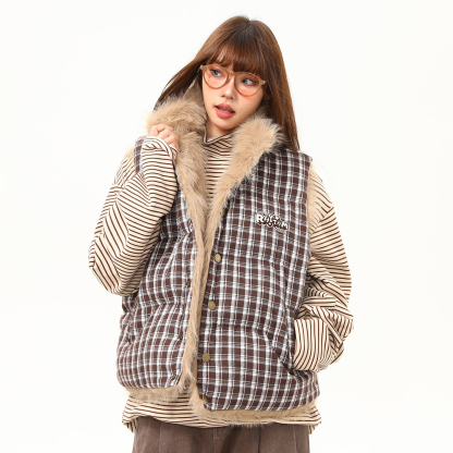 冬季新款毛絨雙面穿格子馬甲外套女高級感無袖棉服外套