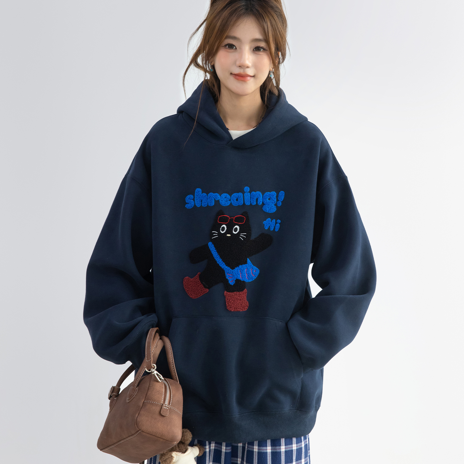 韓系可愛猫咪毛巾繡連帽衛衣女款小個子寬鬆長袖上衣