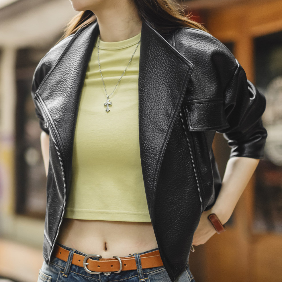 美式荔枝紋黑色短款斜拉鍊立翻領機車服PU皮衣夾克外套女士秋