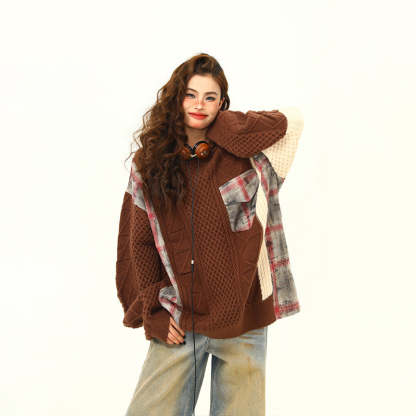 美式街頭拼接設計感毛衣女秋冬寬鬆慵懶嘻哈麻花針織衫