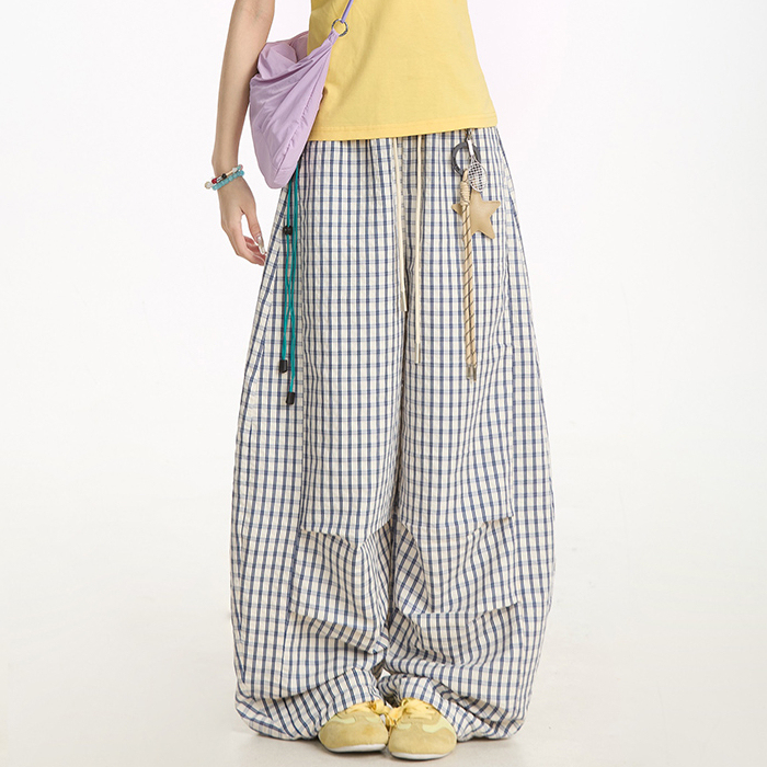 星星掛飾褲子夏季藍色格子直筒褲女垂感慵懶休閒闊腿褲ins