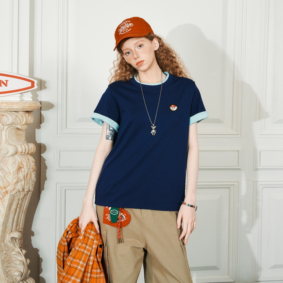 美式復古翻邊假兩件短袖T恤夏季重磅寬鬆休閒百搭半袖