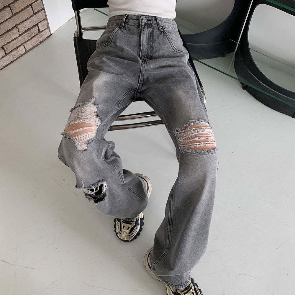 設計感破洞牛仔褲女新款春季高腰直筒寬鬆休閒褲ins拖地褲