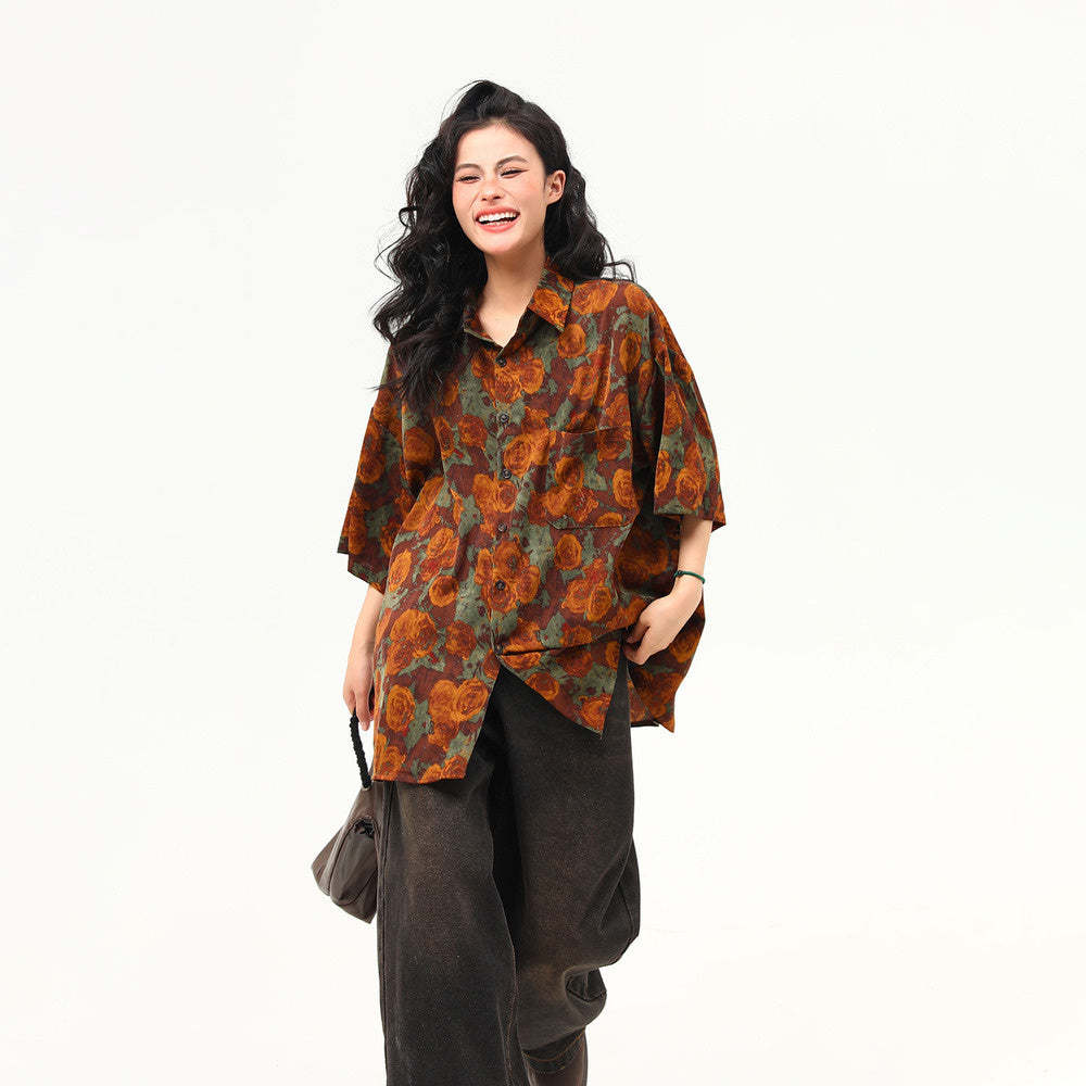 古著感花卉復古短袖襯衫女夏季凉感個性潮牌寬鬆襯衣