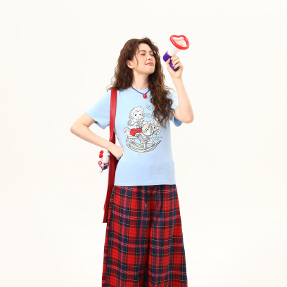 夏季新款復古通勤卡通創意印花正肩T恤女微寬鬆顯瘦短袖