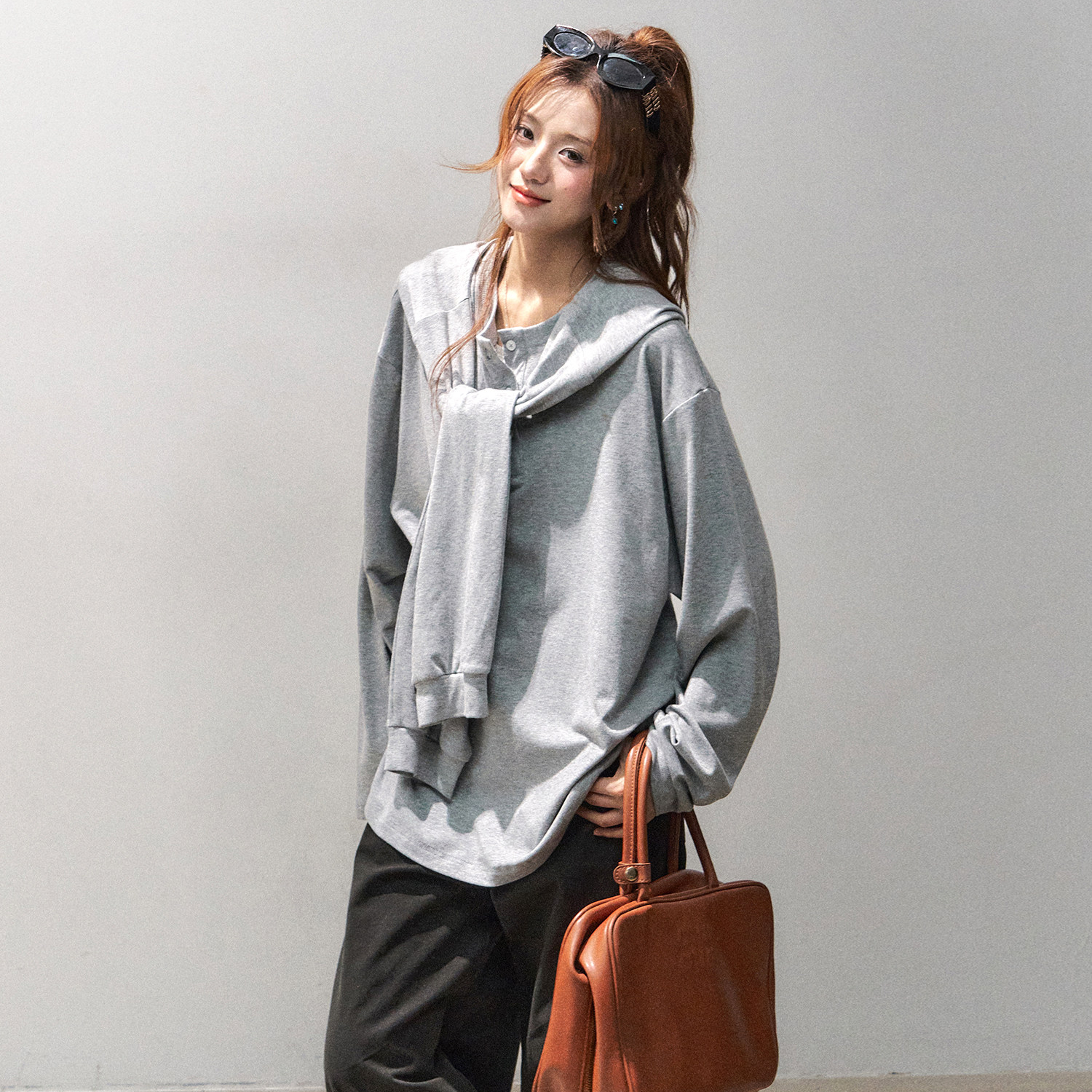 亨利領長袖t恤女早秋韓系慵懶鬆弛感上衣疊穿披肩