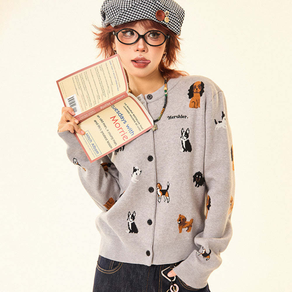 美式復古灰色小狗開衫毛衣女秋冬慵懶風顯瘦針織衫短款外套