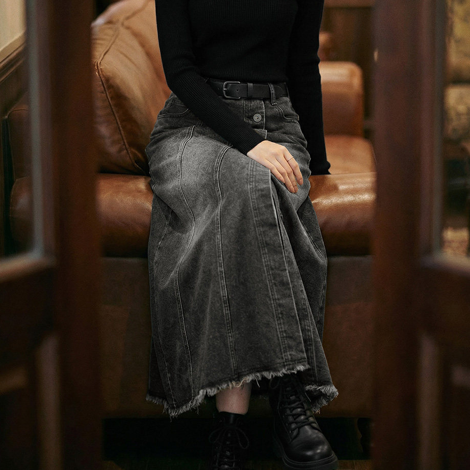烟灰色復古開衩牛仔高腰毛邊半身裙顯瘦A字傘中長裙子女士春