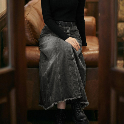 烟灰色復古開衩牛仔高腰毛邊半身裙顯瘦A字傘中長裙子女士春