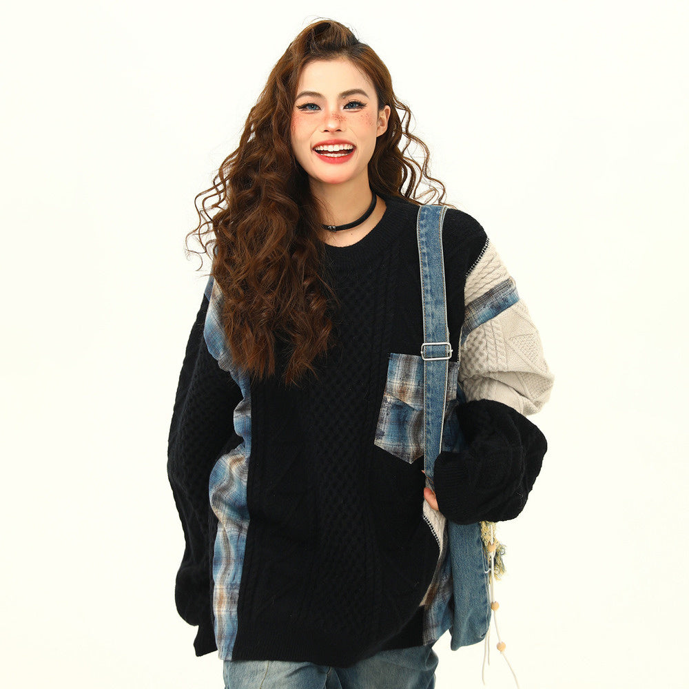 美式街頭拼接設計感毛衣女秋冬寬鬆慵懶嘻哈麻花針織衫