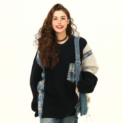 美式街頭拼接設計感毛衣女秋冬寬鬆慵懶嘻哈麻花針織衫