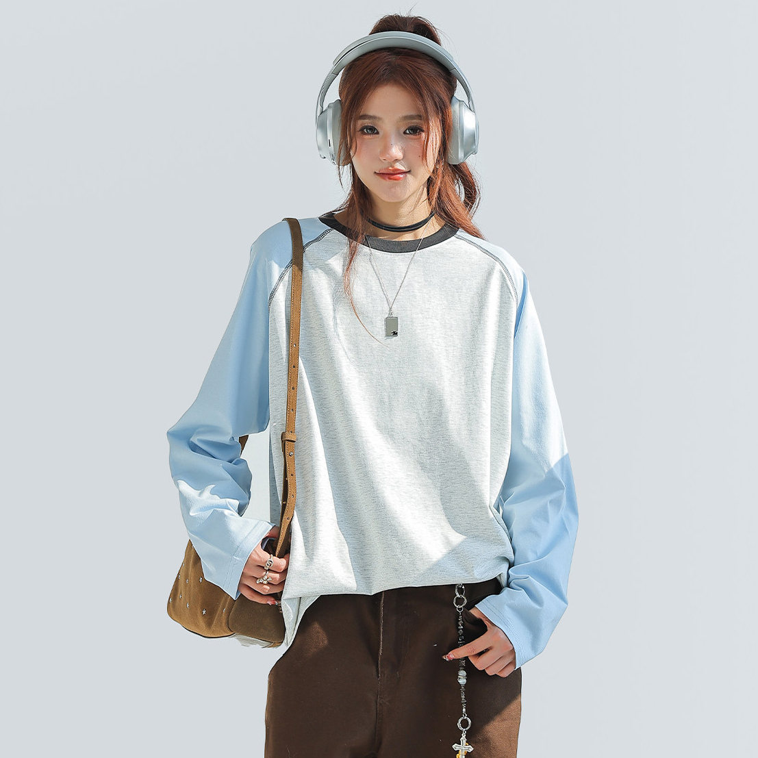索羅娜撞色拼接插肩長袖上衣女內搭可外穿打底衫t恤