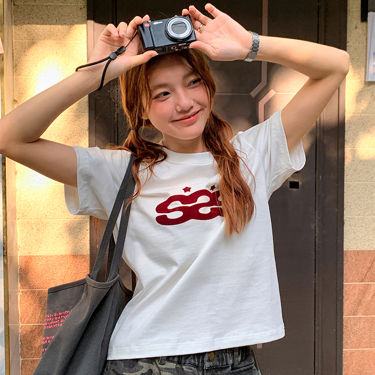 美式復古原創植絨印花正肩短袖t恤女甜酷顯瘦短款小個子上衣