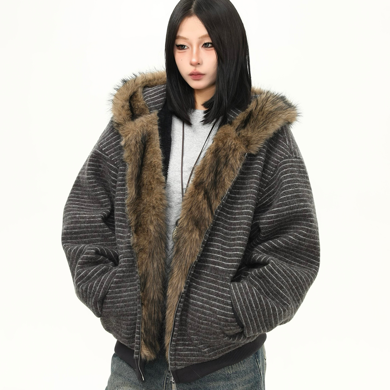 冬季加絨條紋連帽衛衣女美式復古重磅毛領開衫加厚外套