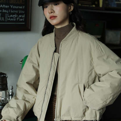 短款復古加厚寬鬆棉衣棉服外套女秋冬顯瘦拉鍊簡約小個子圓領上衣