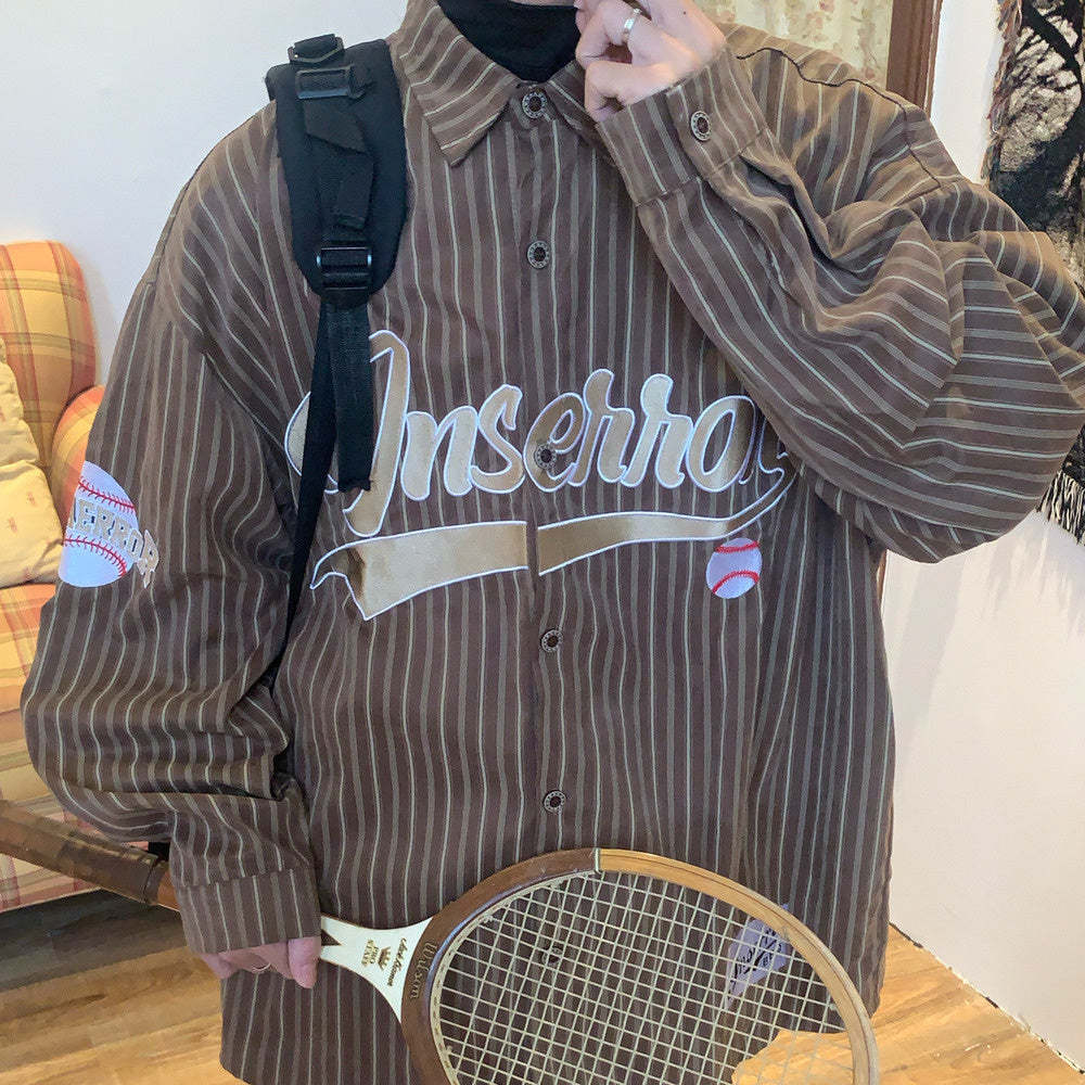 美式復古豎條紋長袖襯衫潮寬鬆慵懶風潮牌街頭情侶襯衣