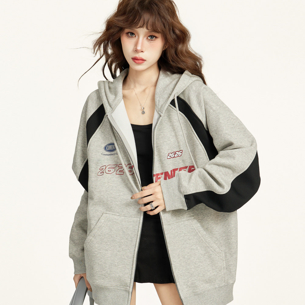 美式灰色拉鍊連帽衛衣外套女秋冬寬鬆慵懶風加絨加厚開衫