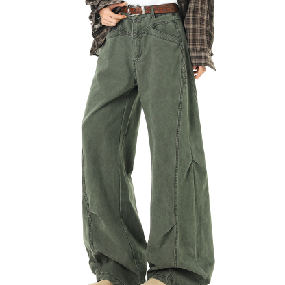 軍綠色解構工裝褲女秋季復古水洗褶皺闊腿傘兵褲寬鬆彎刀休閒褲