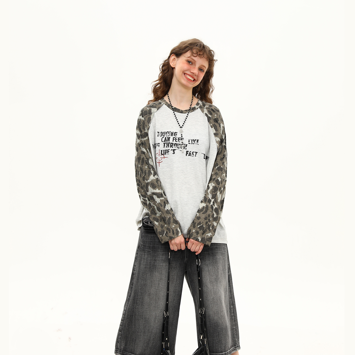 美式復古迷彩拼接撞色插肩長袖T恤女早秋寬鬆百搭上衣