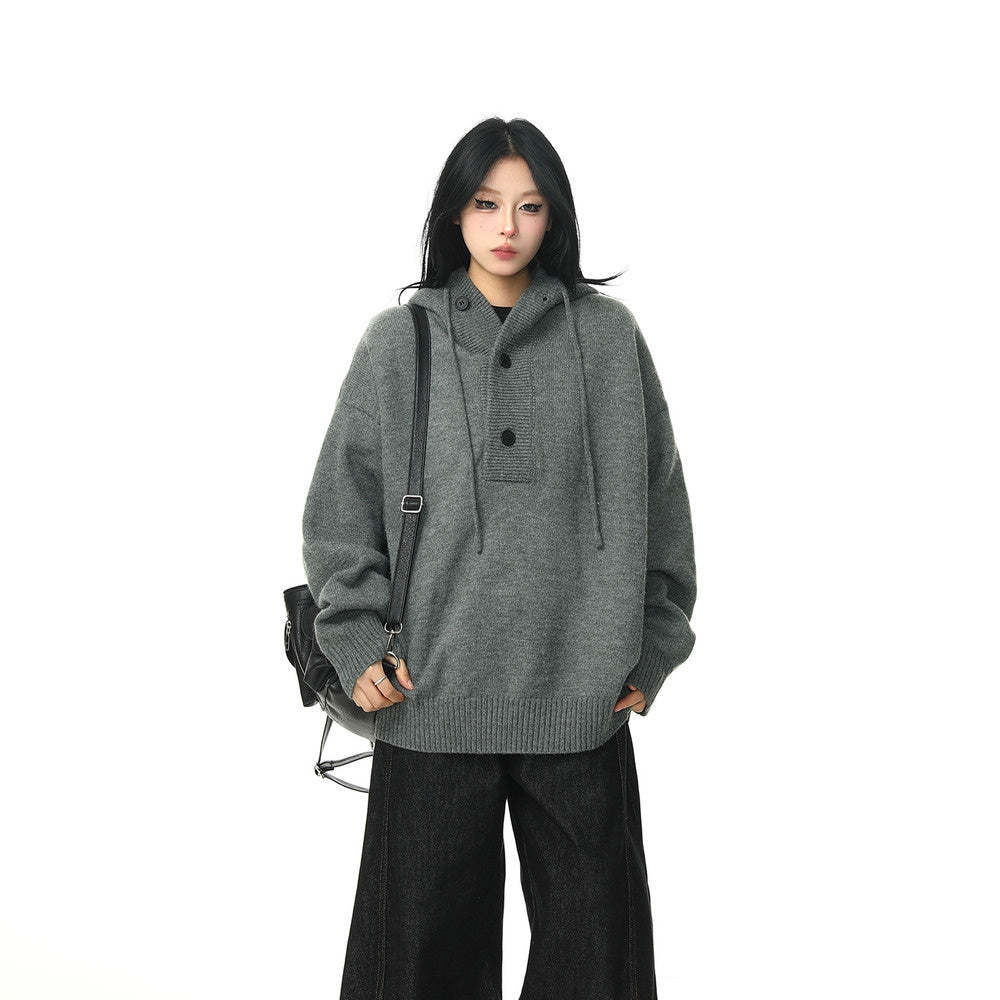 冬季新品復古高級感灰色連帽毛衣女加厚重磅慵懶風針織衫