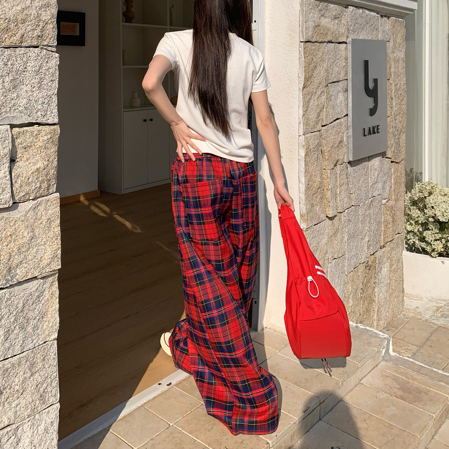 美式復古紅色格紋休閒褲子女寬鬆直筒闊腿格子褲潮流百搭