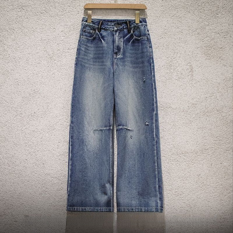 cleanfit重洗水破洞牛仔褲工裝折痕直筒褲遮胯拖地長褲春季女