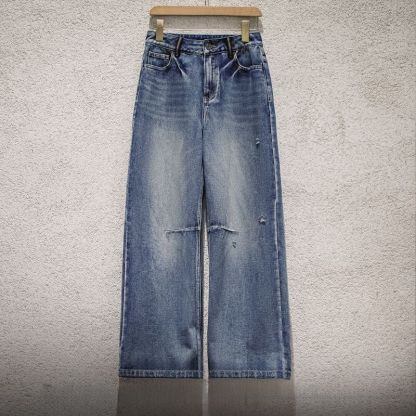 cleanfit重洗水破洞牛仔褲工裝折痕直筒褲遮胯拖地長褲春季女