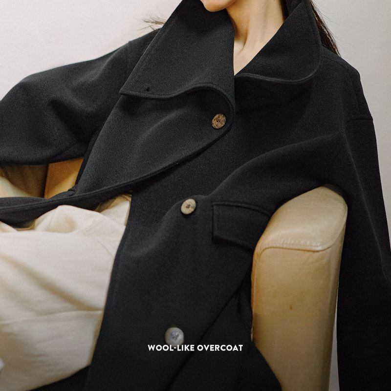 馬登女裝 復古經典黑色大衣外套高級感翻領長款毛呢風衣2024冬季新款女