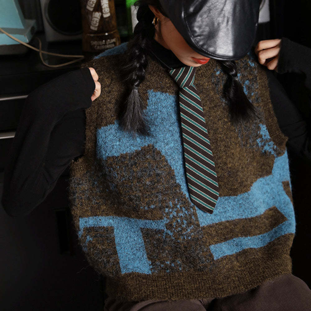 復古撞色咖啡別致百搭針織馬甲女秋冬新款時髦寬鬆上衣