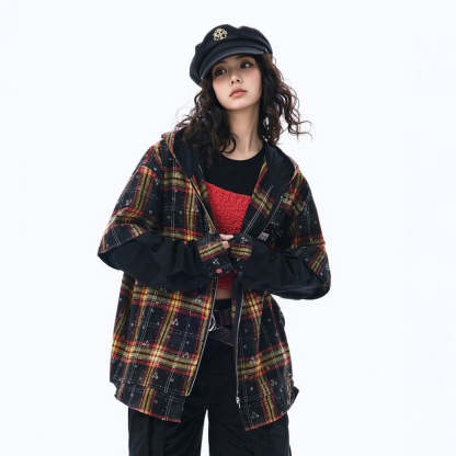復古假兩件格子襯衫女春季2025年新款連帽燙鑽襯衣寬鬆上衣