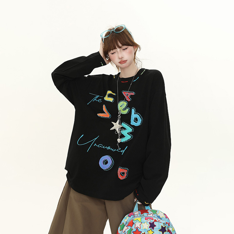 美式復古卡通印花長袖T恤女秋季新款寬鬆顯瘦百搭上衣