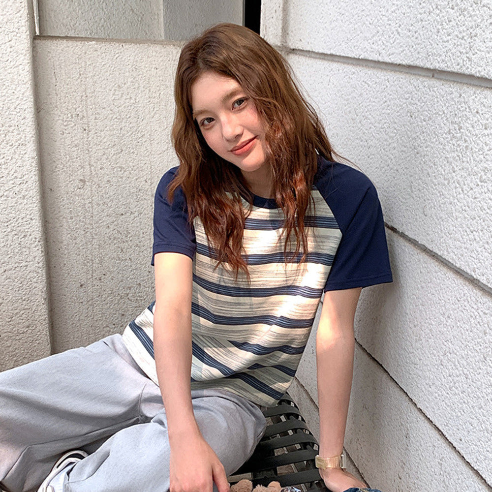 復古撞色條紋短袖t恤女2025新款夏正肩小個子顯瘦休閒