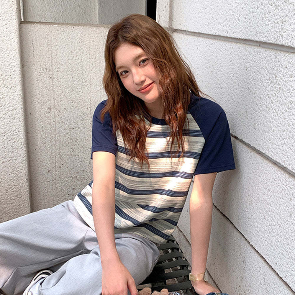 復古撞色條紋短袖t恤女2025新款夏正肩小個子顯瘦休閒