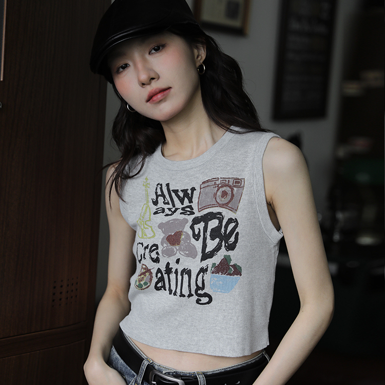 設計感小眾簡約百搭外穿無袖吊帶背心女別致塗鴉印花休閒短款