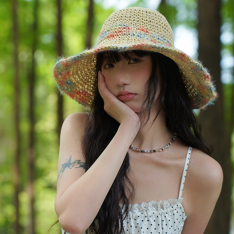 防曬帽女夏季海邊度假彩色編織草帽透氣鏤空大帽檐顯臉小遮陽帽子