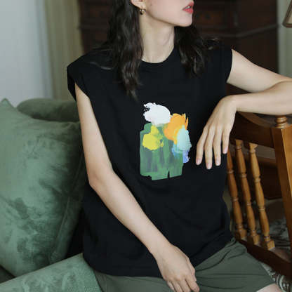 黑色油畫復古港風短袖印花無袖背心T恤女2025年夏季薄款凉快上衣