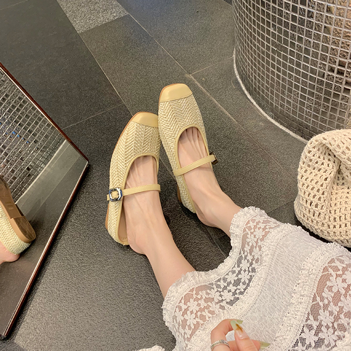 度假風草編方頭涼拖懶人半拖女夏季