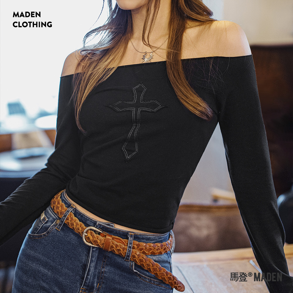 可露麗純欲風超仙一字肩長袖T恤高級感修身短款上衣穿搭春女