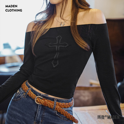 可露麗純欲風超仙一字肩長袖T恤高級感修身短款上衣穿搭春女