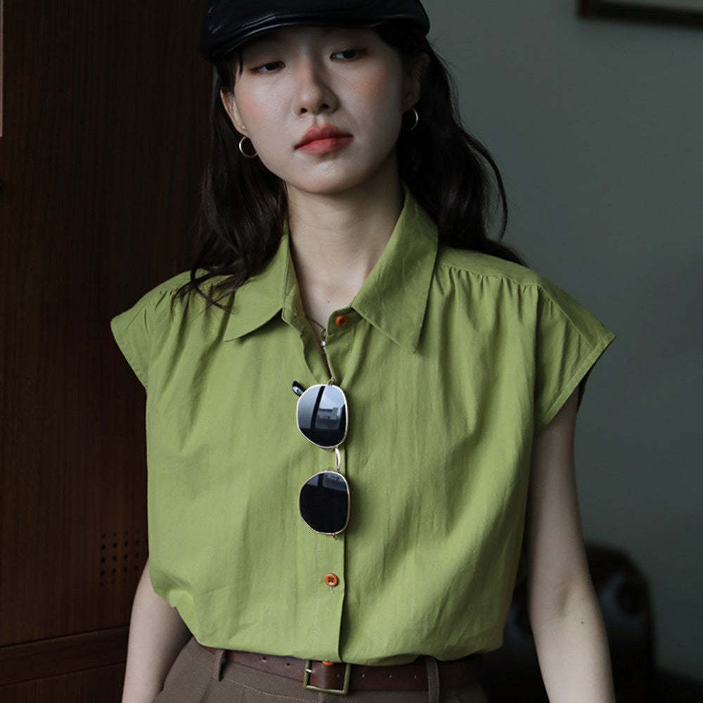 無袖簡約復古設計感短袖襯衫女寬鬆百搭通勤時尚百搭襯衣上衣