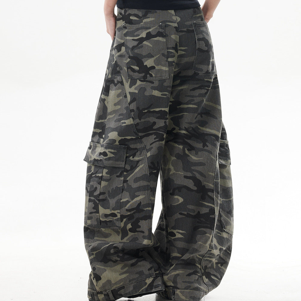 美式復古迷彩闊腿工裝褲女潮牌寬鬆反穿設計感彎刀牛仔褲