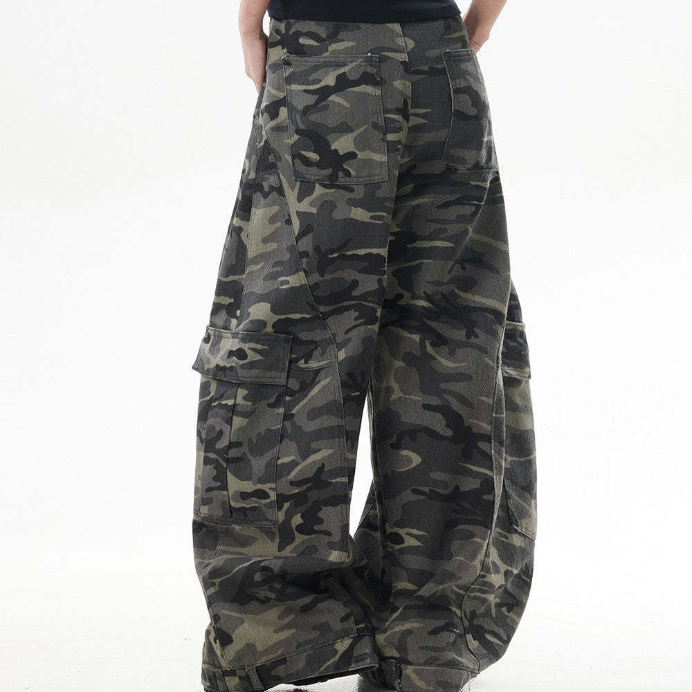 美式復古迷彩闊腿工裝褲女潮牌寬鬆反穿設計感彎刀牛仔褲