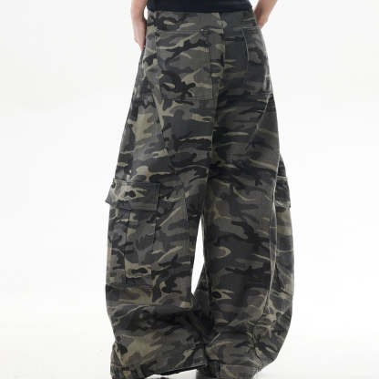 美式復古迷彩闊腿工裝褲女潮牌寬鬆反穿設計感彎刀牛仔褲