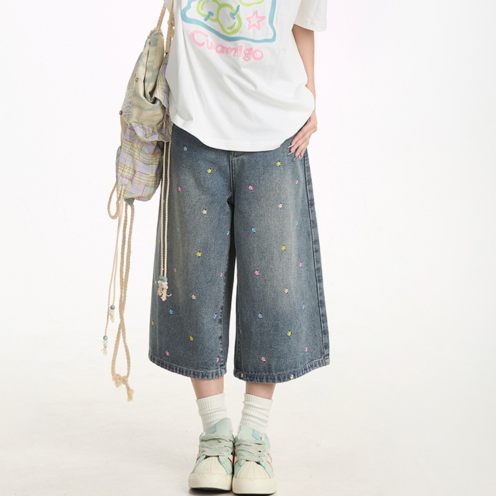 夏季藍色七分褲女美式復古做舊水洗寬鬆休閒顯瘦牛仔短褲