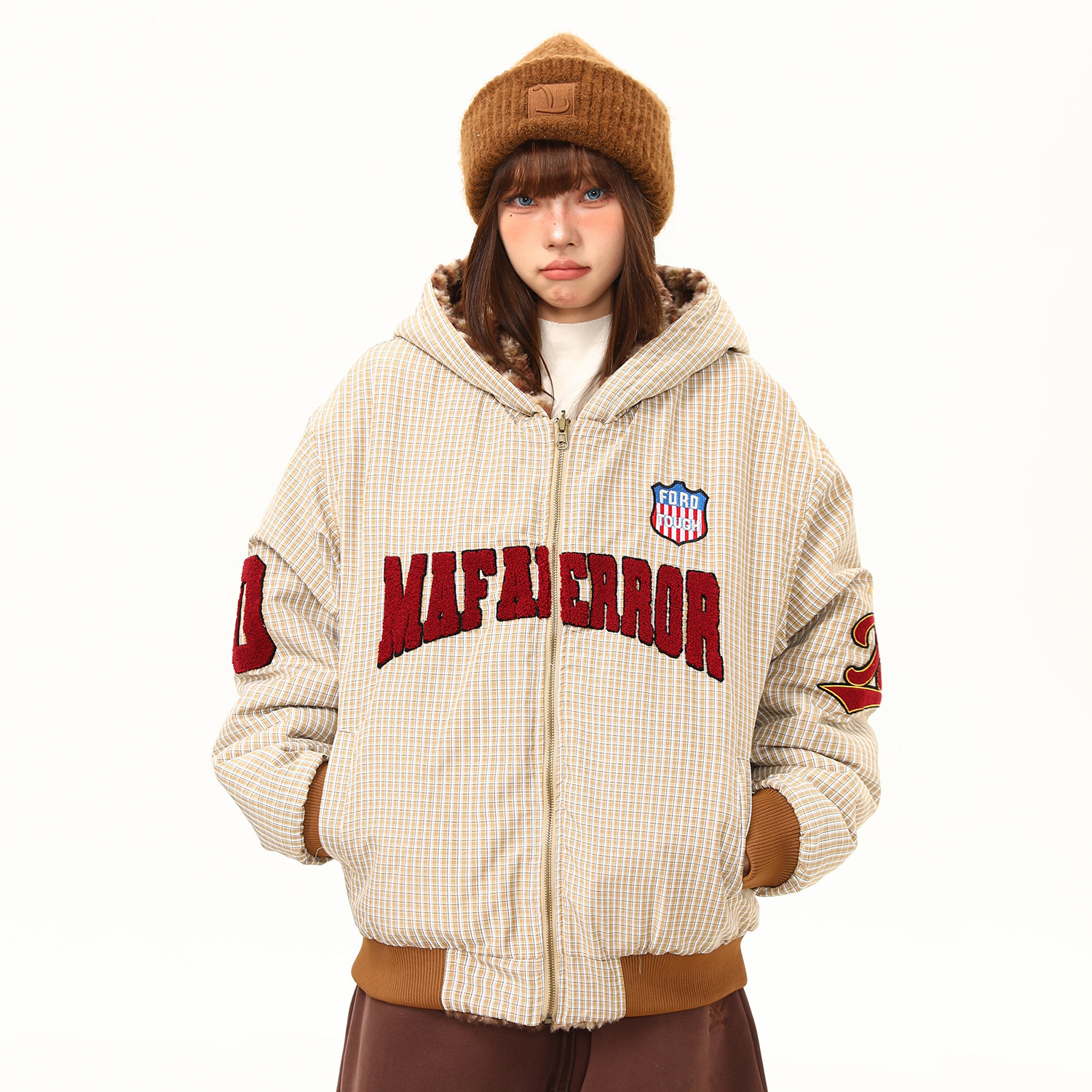 美式復古字母毛巾刺繡加厚毛絨連帽棉服外套女冬季氛圍感