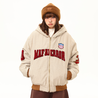 美式復古字母毛巾刺繡加厚毛絨連帽棉服外套女冬季氛圍感