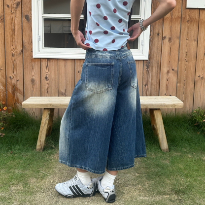 美式街頭水洗七分牛仔褲女夏季寬鬆闊腿做舊中腰潮牌短褲