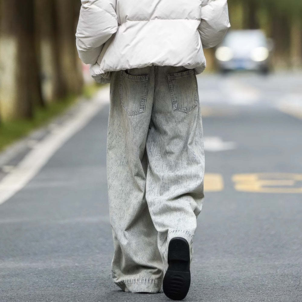 日系秋冬中性街頭百搭寬鬆古著水洗條紋牛仔褲