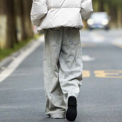 日系秋冬中性街頭百搭寬鬆古著水洗條紋牛仔褲